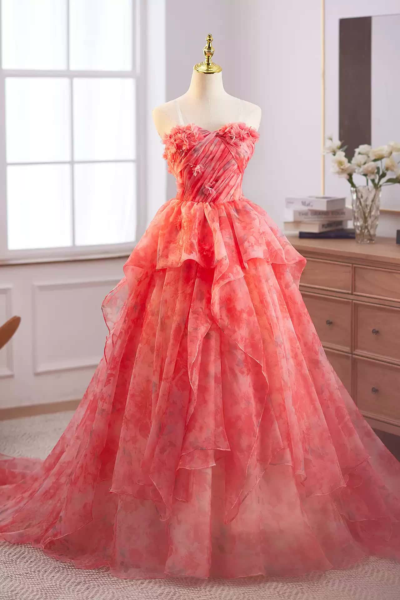 Princess Red Floral Ruffle Long Fairy Dress
