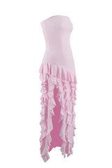 Pink Strapless Ruffle Slit Long Dress