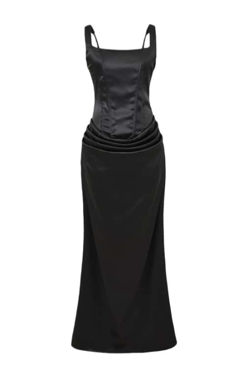 Square Neck Black Satin Ruched Long Dress