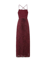 Straps Burgundy Lace Fitted Long Dress