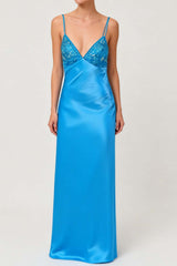 Straps Blue Beaded Satin Fitted Dress