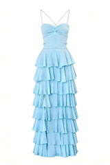 Pink Straps Ruched A-line Ruffle Maxi Dress