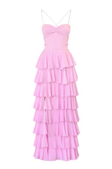 Pink Straps Ruched A-line Ruffle Maxi Dress