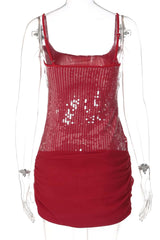 Pink Sequin Straps Ruched Tight Mini Dress