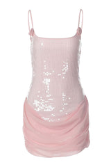 Pink Sequin Straps Ruched Tight Mini Dress