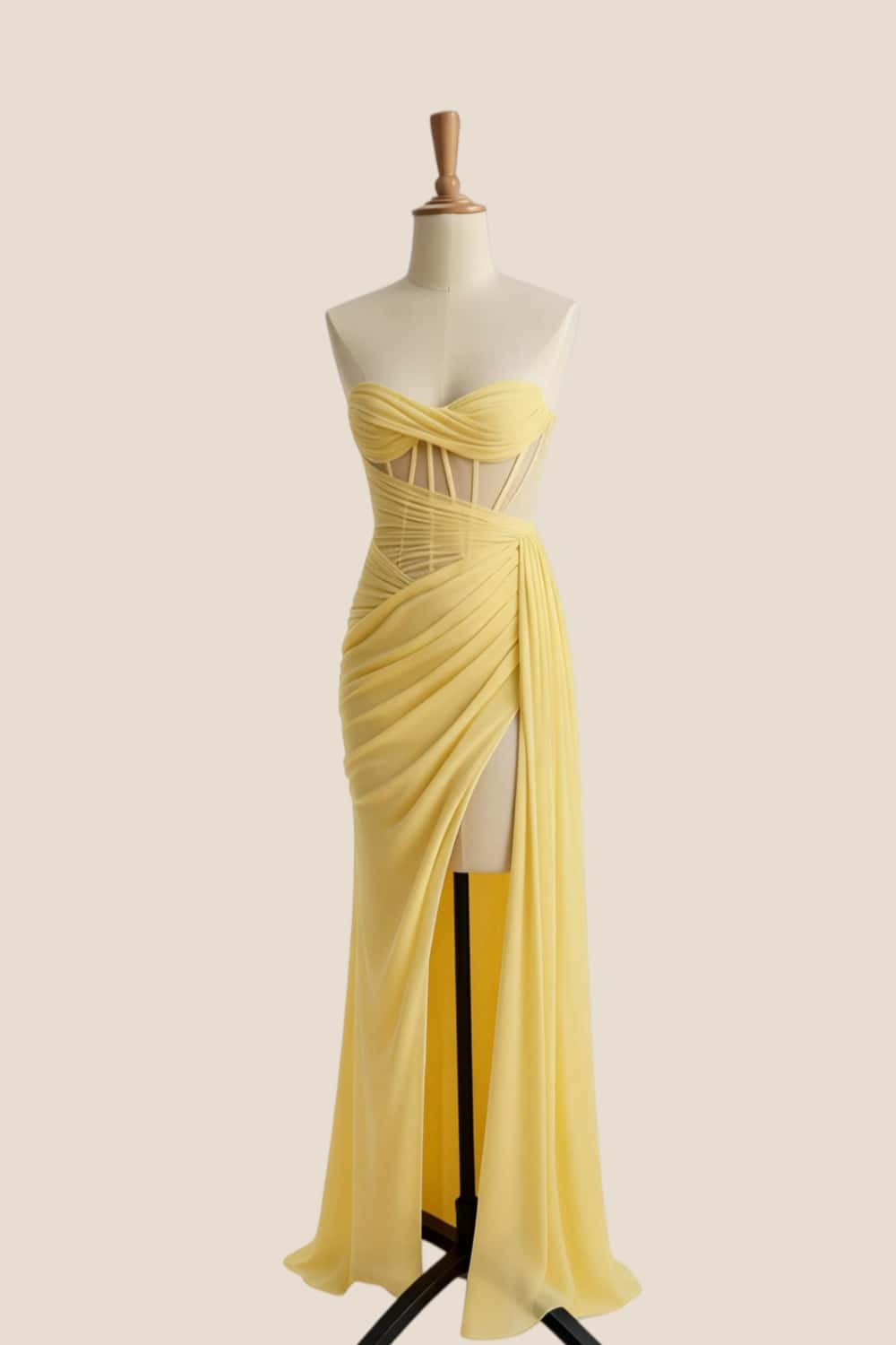 Yellow Corset Ruched Slit Long Prom Dress