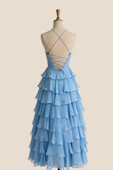 Straps Blue Chiffon Ruffle A-line Prom Dress