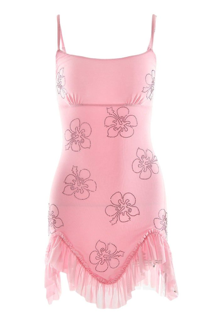 Straps Pink Floral Beaded Ruffled Short Dress