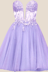 Plunge Hot Pink Appliques A-line Short Dress