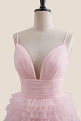 Plunge Neck Pink Tiered A-line Short Dress