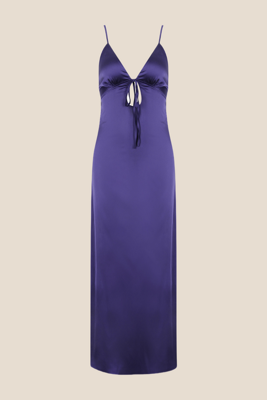 Plunge Neck Purple Back Tie Long Dress