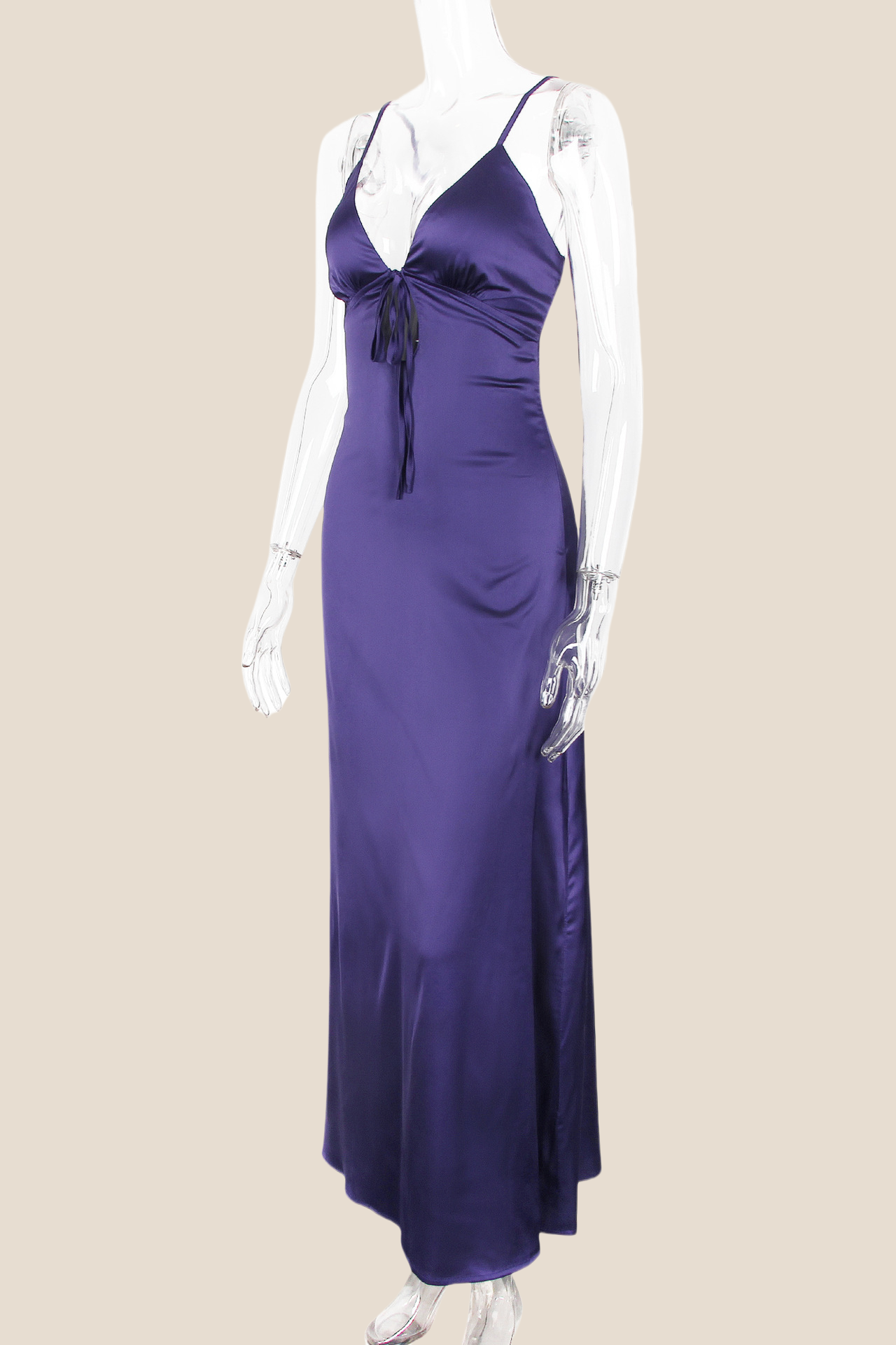 Plunge Neck Purple Back Tie Long Dress