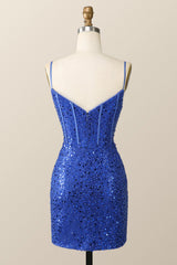 Straps Royal Blue Sequin Tight Mini Dress