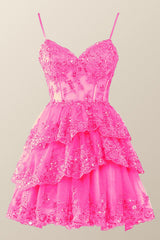 Straps Hot Pink Appliques Tiered Layered Short Princess Dress