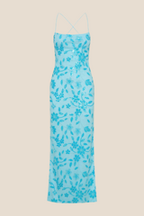 Spaghetti Straps Blue Beaded Long Dress with Slit