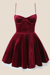 Spaghetti Straps Burgundy Velvet Mini Dress