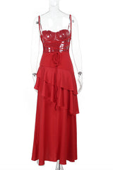 Straps Red Chiffon Tiered Maxi Dress