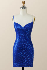 Straps Royal Blue Sequin Tight Mini Dress