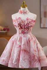 Strapless Pink 3D Floral Short Dress