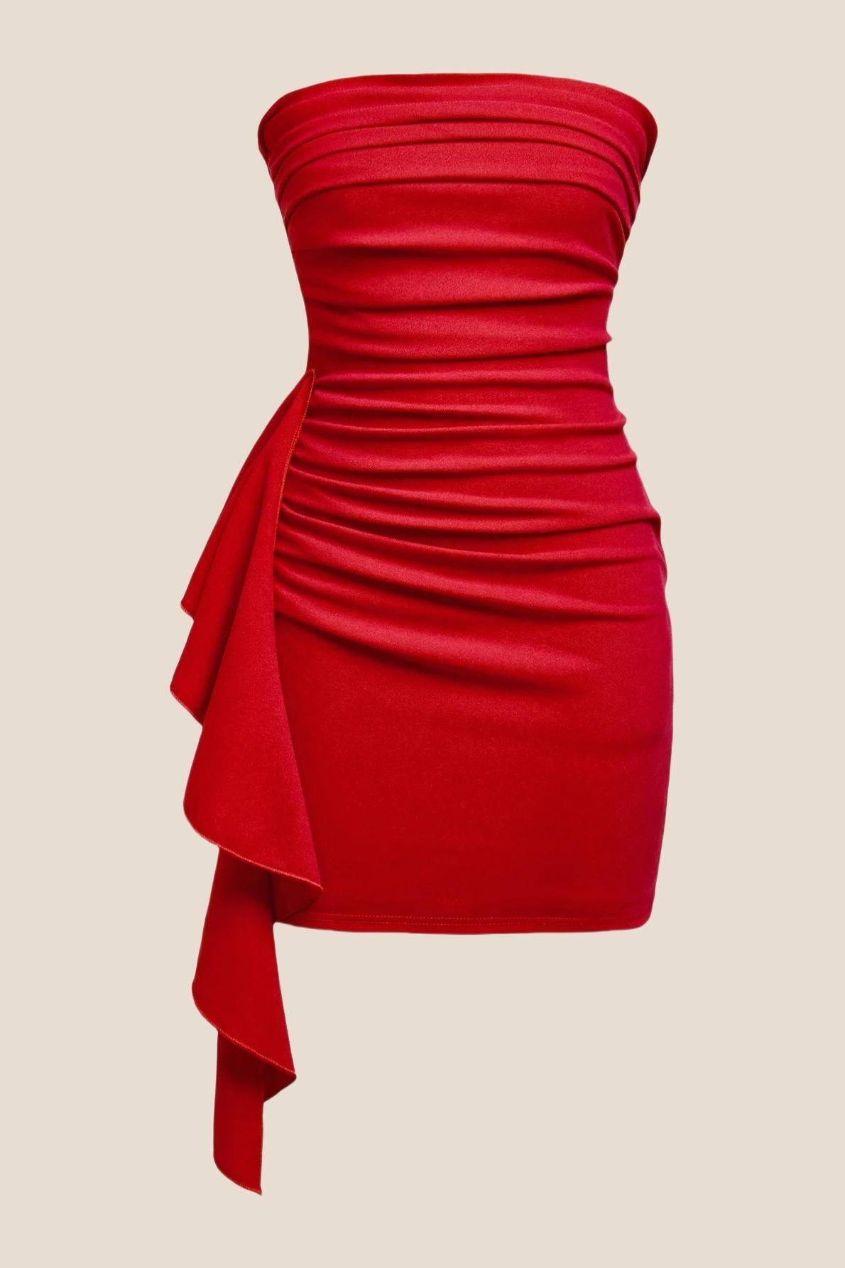 Strapless Red Bodycon Short Dress with Train