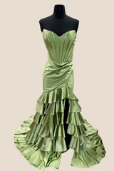 Strapless Sage Green Tiered Long Dress with Slit
