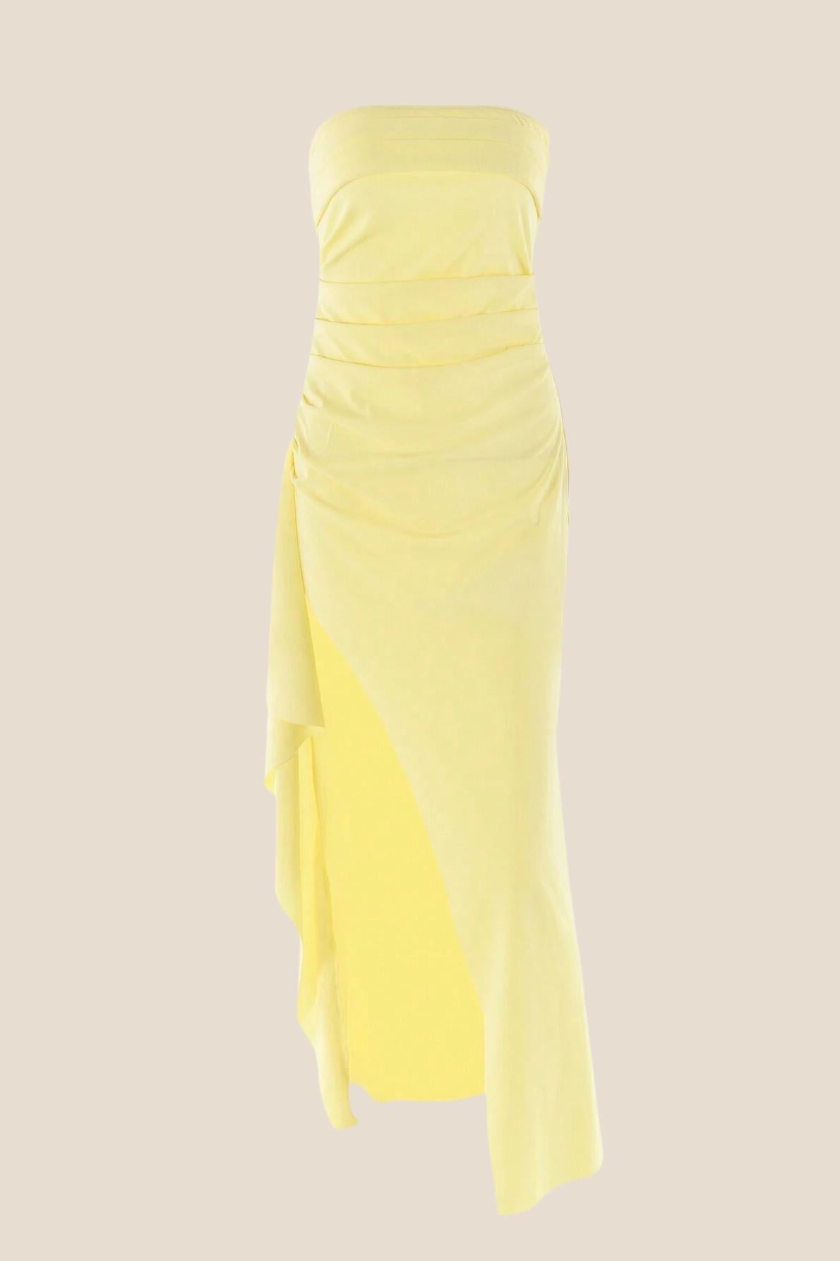 Strapless Yellow Pleated Long Dress with Slit