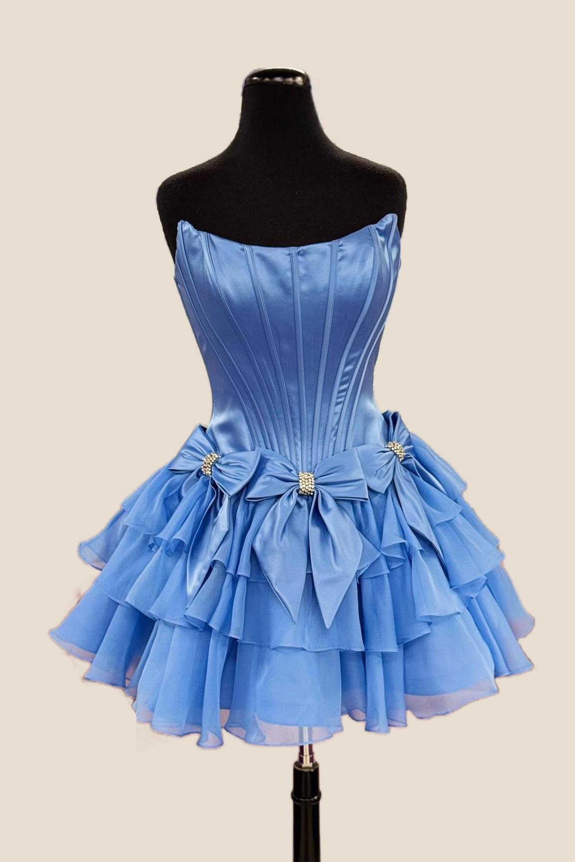 Strapless Blue Ruffle Tiered Short Dress with Bow