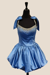 Straps Blue Beaded Bubble Short Dress with Bow
