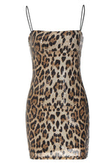Straps Brown Leopard Party Dress with Sequin