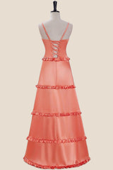 Straps Orange Ruffles Long Dress with Slit