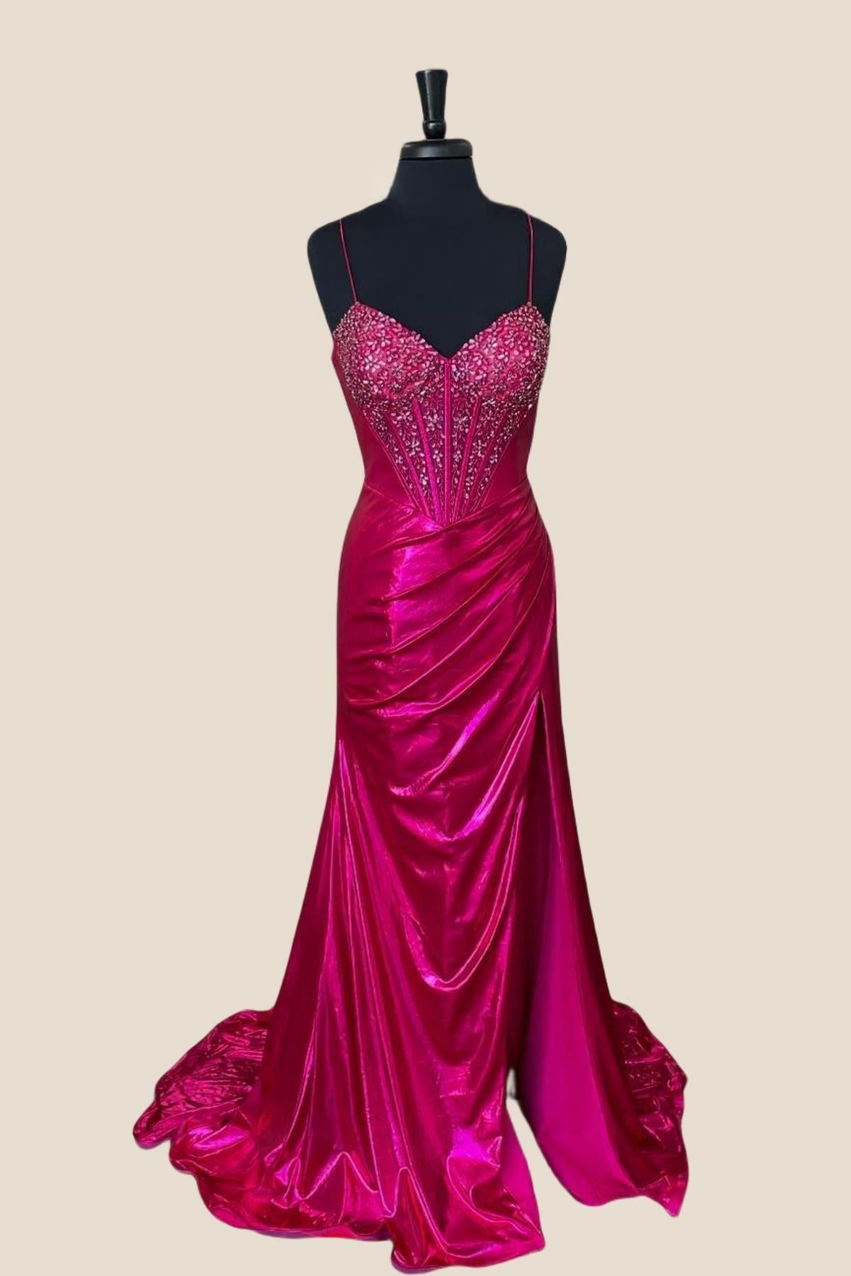 Straps Fuchsia Beaded Mermaid Long Dress