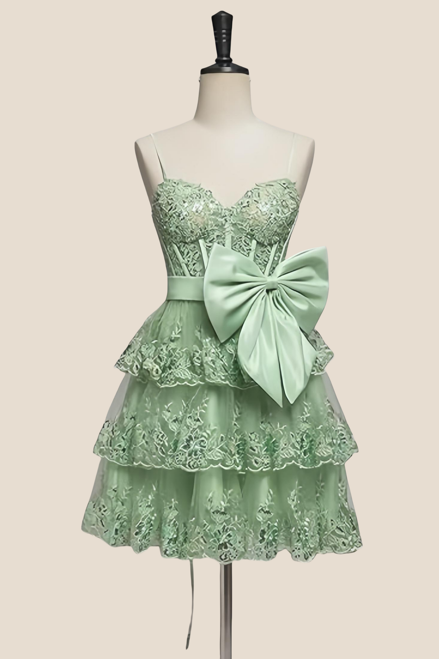 Straps Green Appliques Tiered Short Dress with Bow