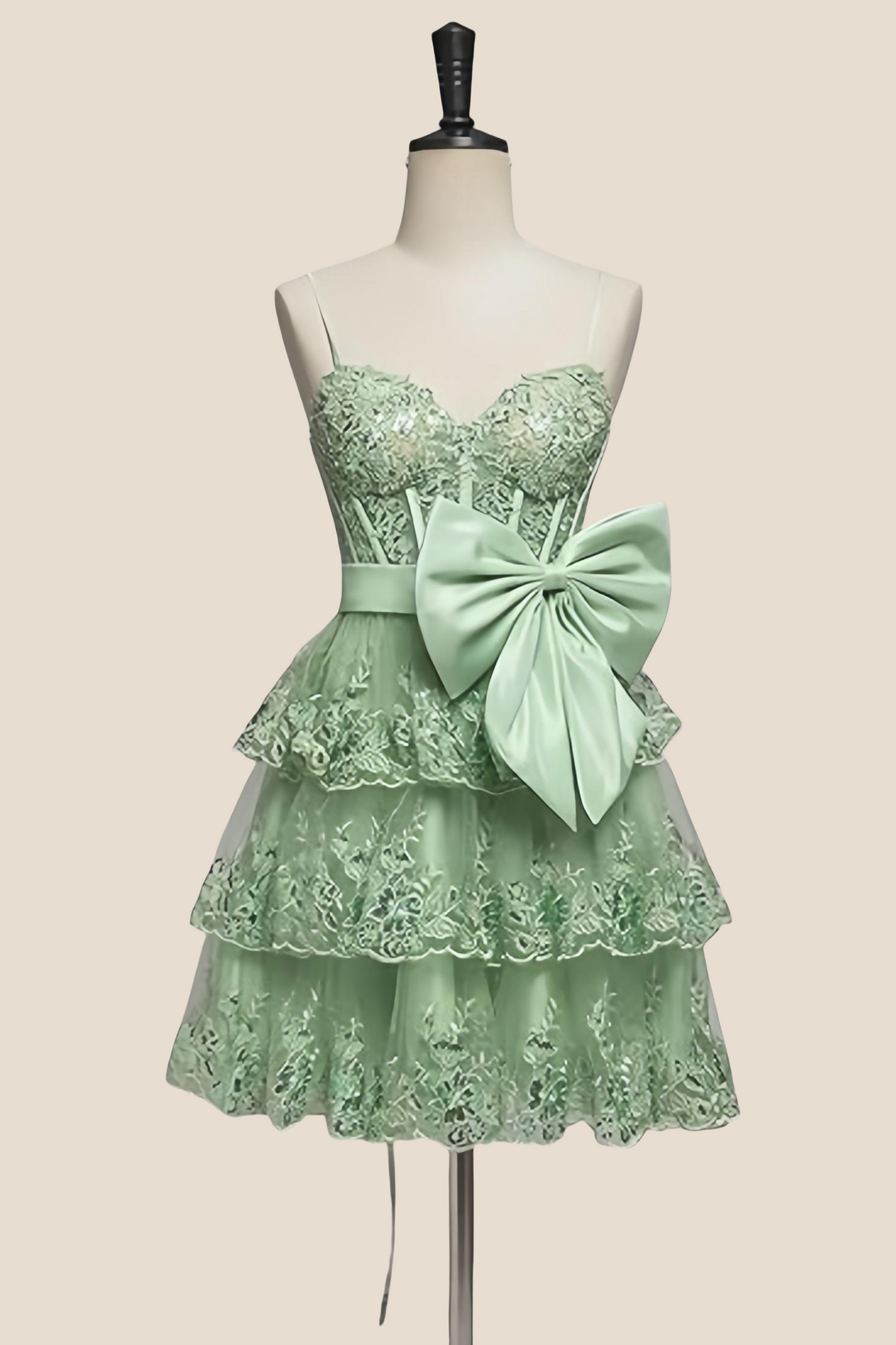 Straps Green Appliques Tiered Short Dress with Bow