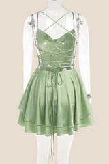 Straps Green Lace-up Back Tiered Party Dress