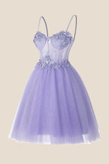 Straps Lavender Appliques Sparkle Tulle Short Dress
