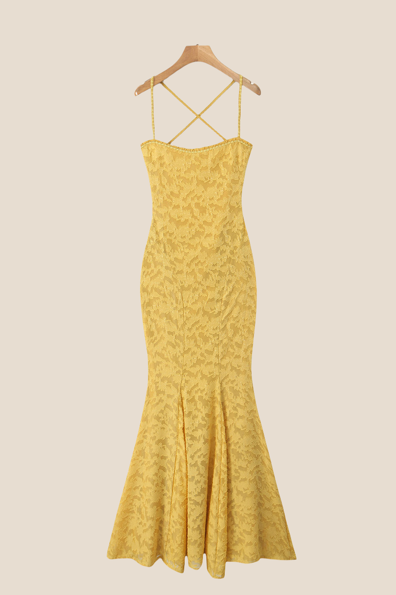 Straps Yellow Lace Mermaid Maxi Dress