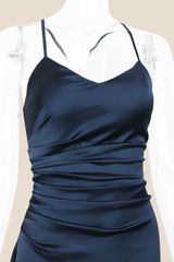 Straps Navy Blue Ruched Long Dress with Slit