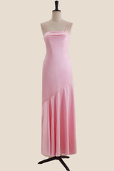 Straps Pink Sheath Long Dress with Back Bow