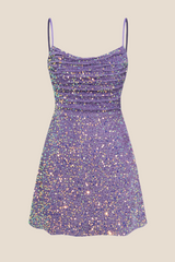 Straps Purple Sequin Ruched A-line Short Dress
