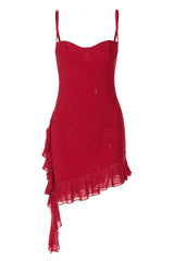 Straps Red Ruffle Hem Short Dress with Sequin