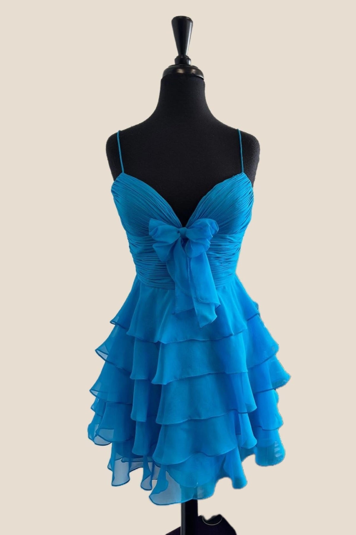 Straps Blue Ruffles Short Dress with Bow