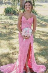 Straps Hot Pink Lace Mermaid Long Prom Dress