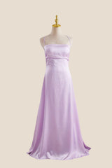 Straps Lavender Ruched A-line Satin Long Dress