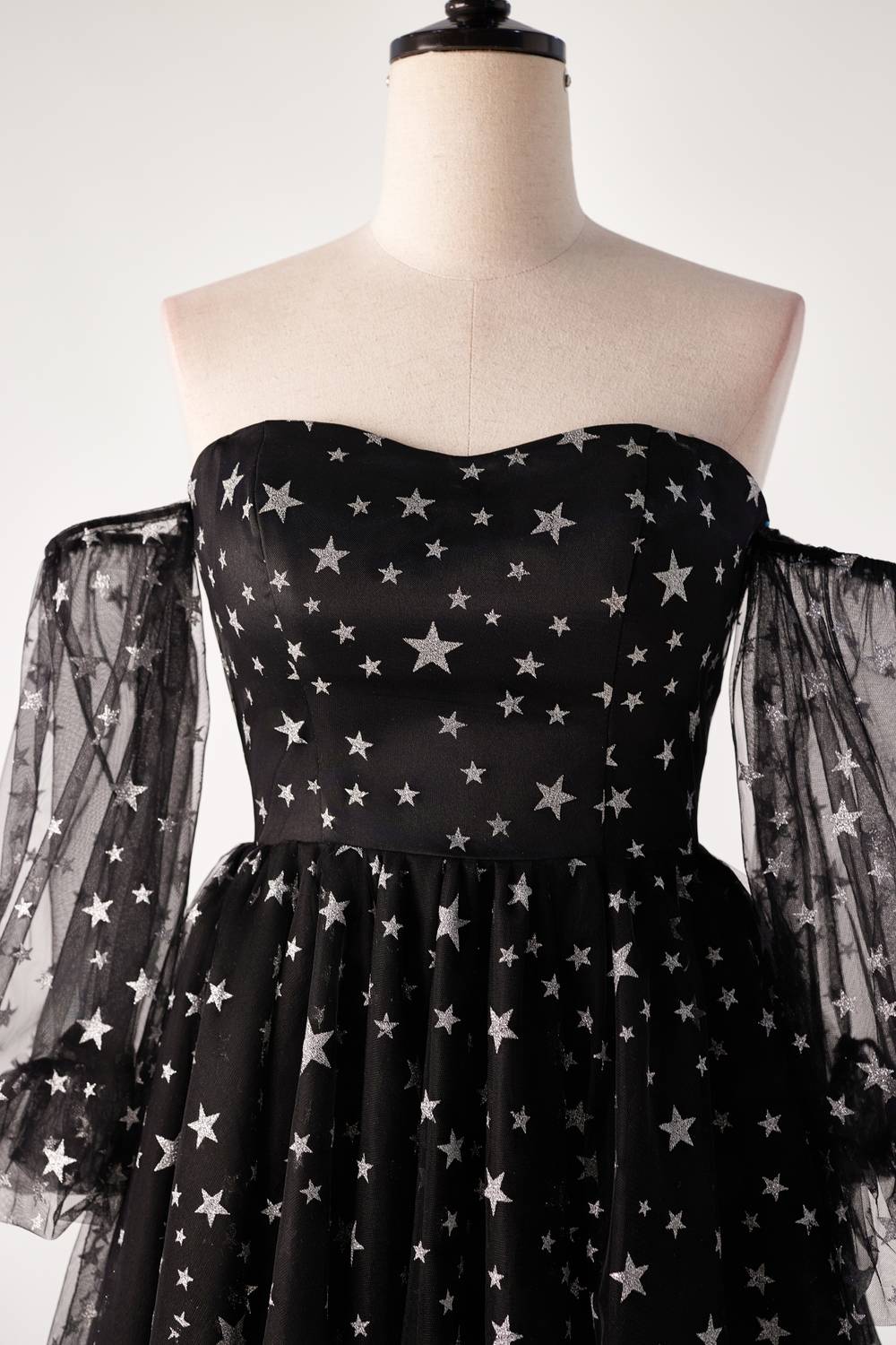 Sweetheart Black Stars Short Dress with Puff Sleeves