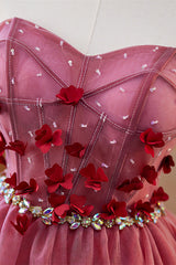 Sweetheart Burgundy 3D Floral Short Dress