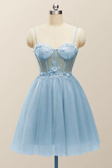 Straps Blue Corset A-line Short Prom Dress