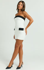 Terry Mini Dress - Straight Neck Contrast Trims Fitted Dress in White