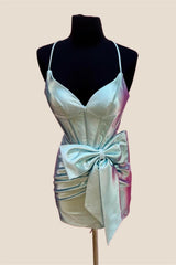 V-neck Light Blue Bodycon Short Dress with Bow