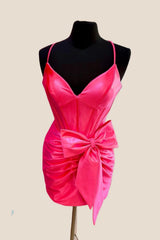 V-neck Hot Pink Bodycon Short Dress with Bow