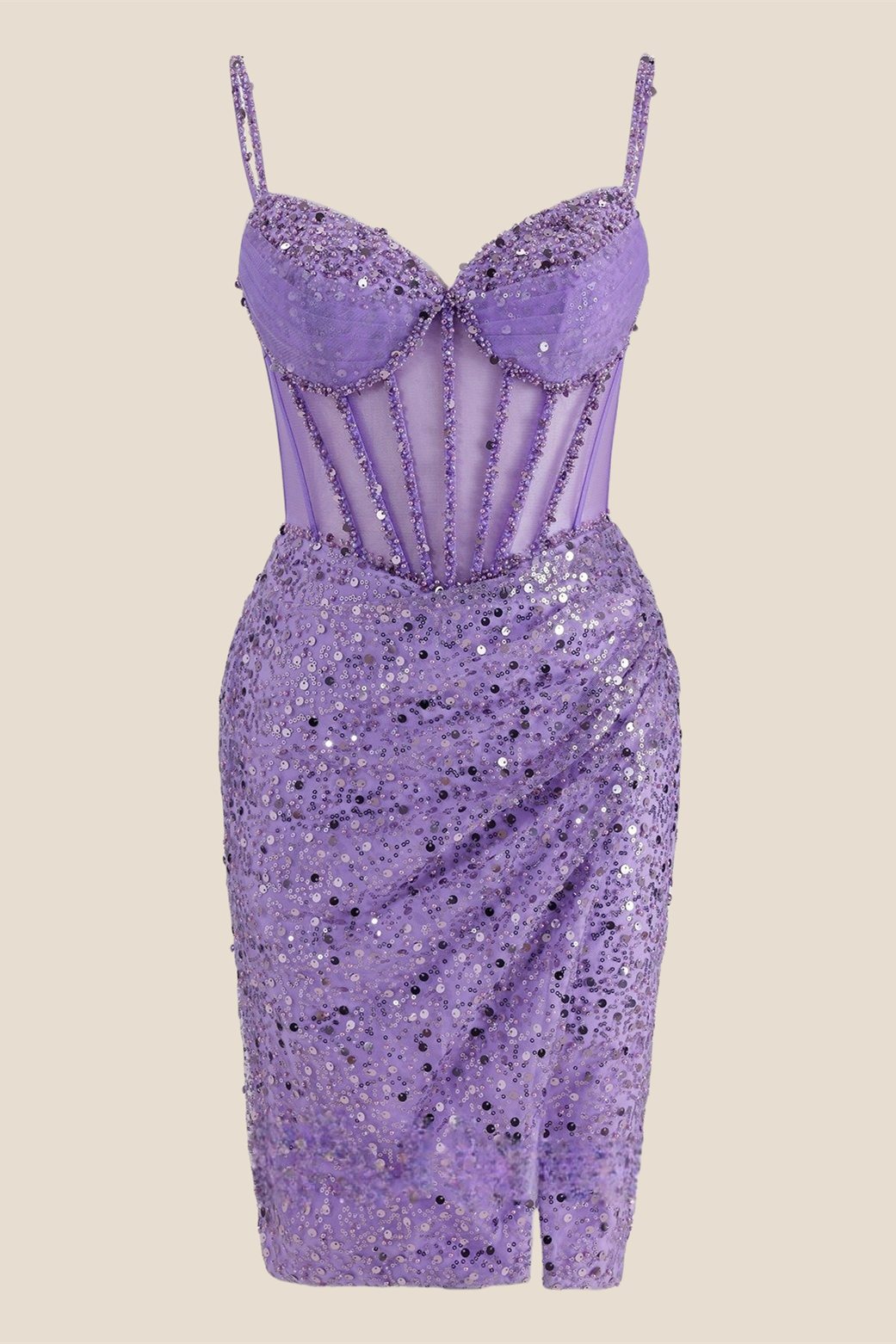 V-neck Lilac Sheer Bodice Sequin Short Dress